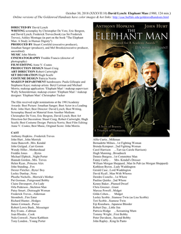 David Lynch: Elephant Man (1980, 124 Min.) Online Versions of the Goldenrod Handouts Have Color Images & Hot Links