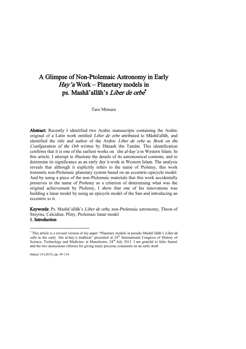 A Glimpse of Non-Ptolemaic Astronomy in Early Hay'a Work – Planetary Models in Ps. Mashā'allāh's Liber De Orbe