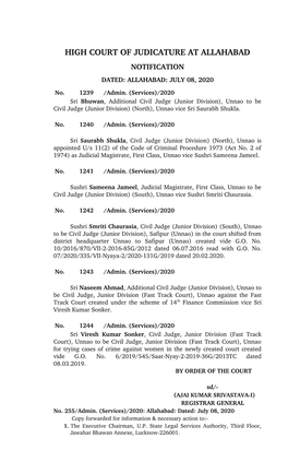 High Court of Judicature at Allahabad Notification Dated: Allahabad: July 08, 2020