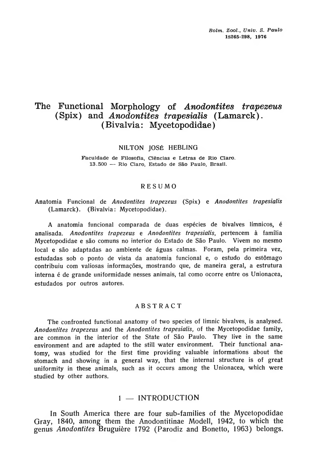 The Functional Morphology of Anodontites Trapezeus (Spix) and Anodontites Trapesialis (Lamarck)