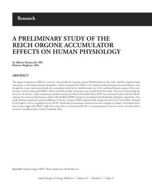 ORGONE ACCUMULATOR EFFECTS on HUMAN PHYSIOLOGY by Alberto Mazzocchi, MD Roberto Maglione, Msc
