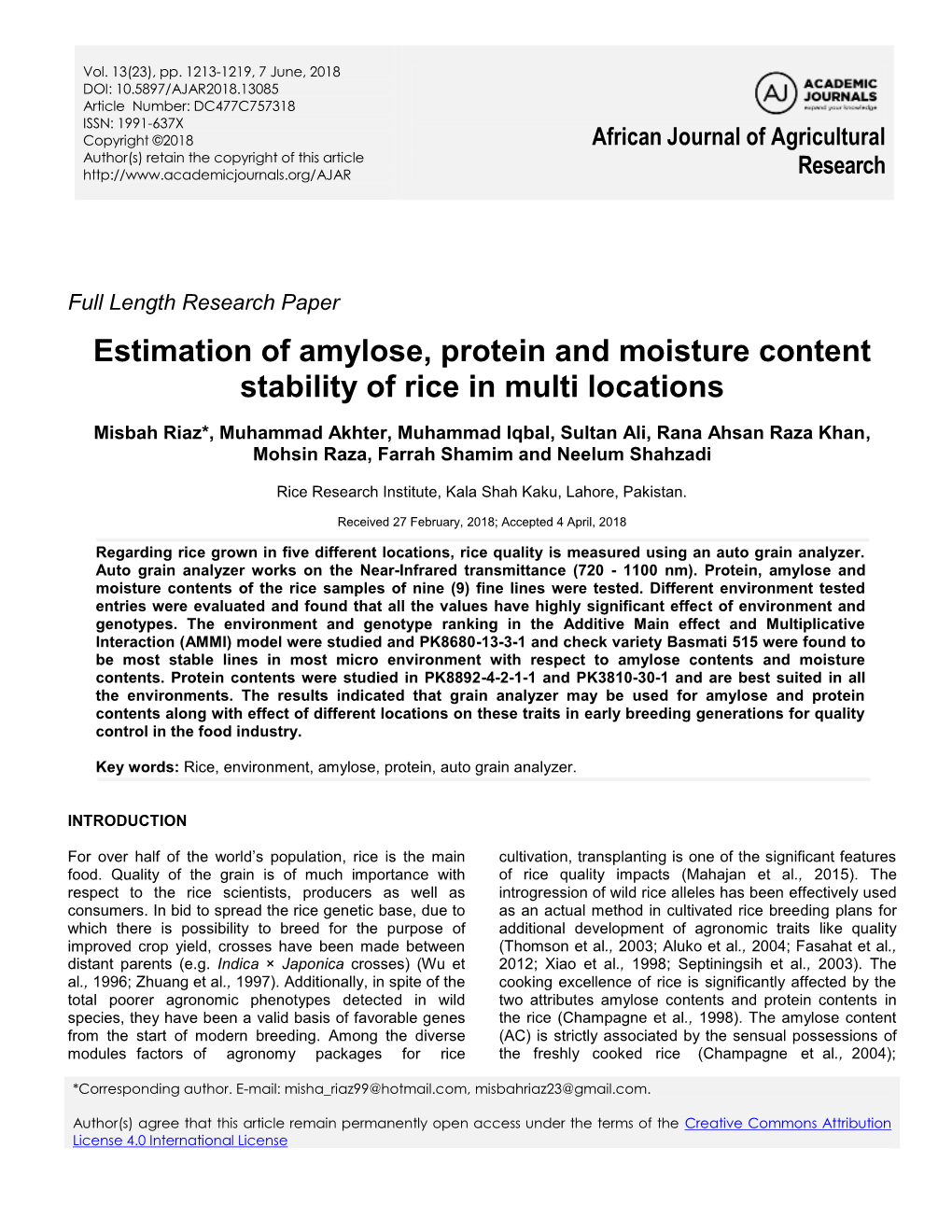 Estimation of Amylose, Protein and Moisture Content Stability of Rice in Multi Locations