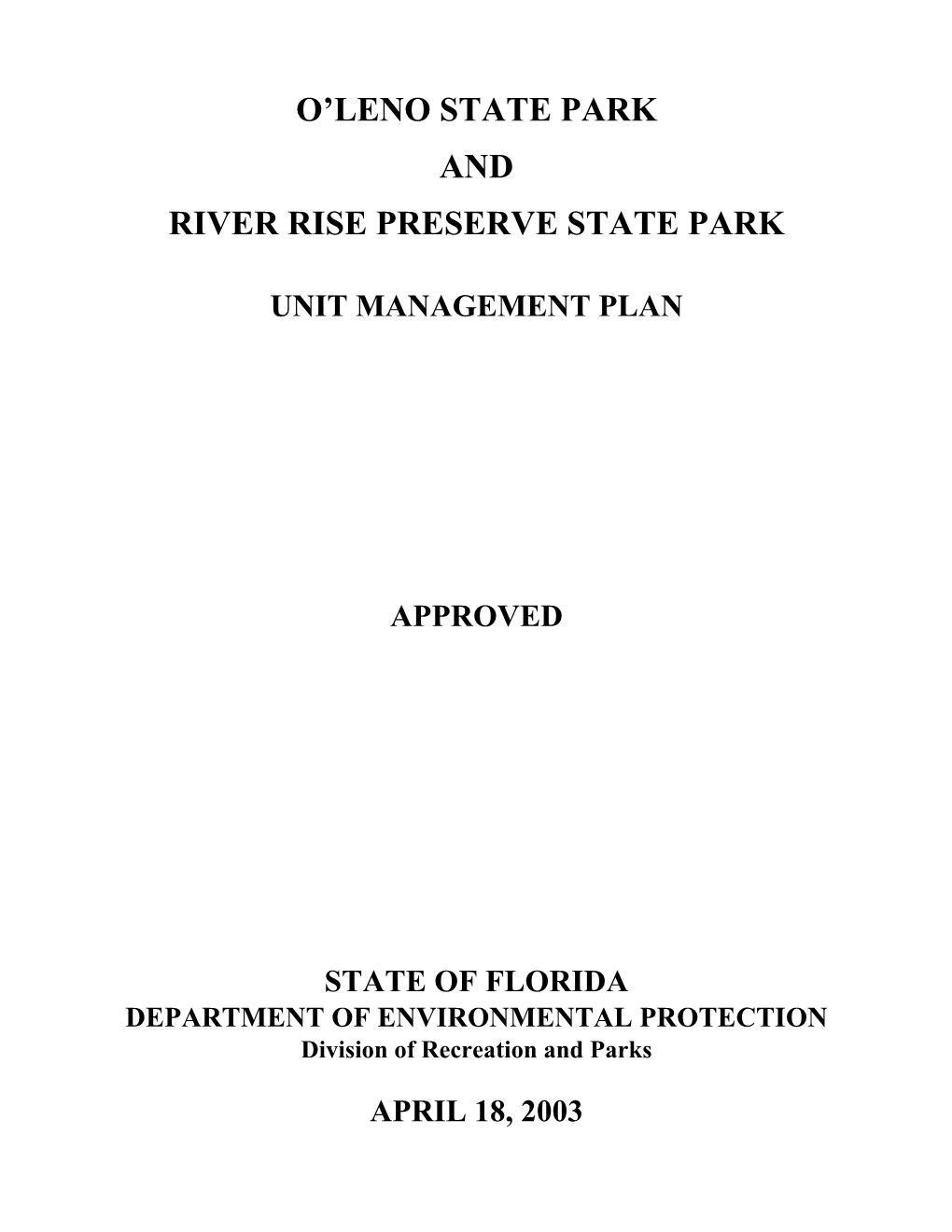 Approved Management Plan (April 18, 2003)