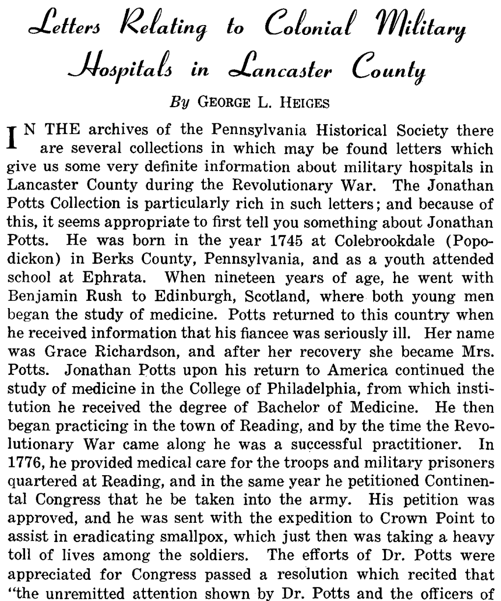Letters Relating to Colonial Military Hospitals in Lancaster County