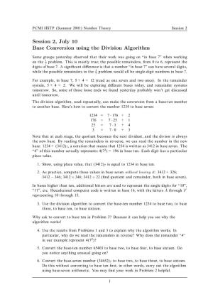 Session 2, July 10 Base Conversion Using the Division Algorithm