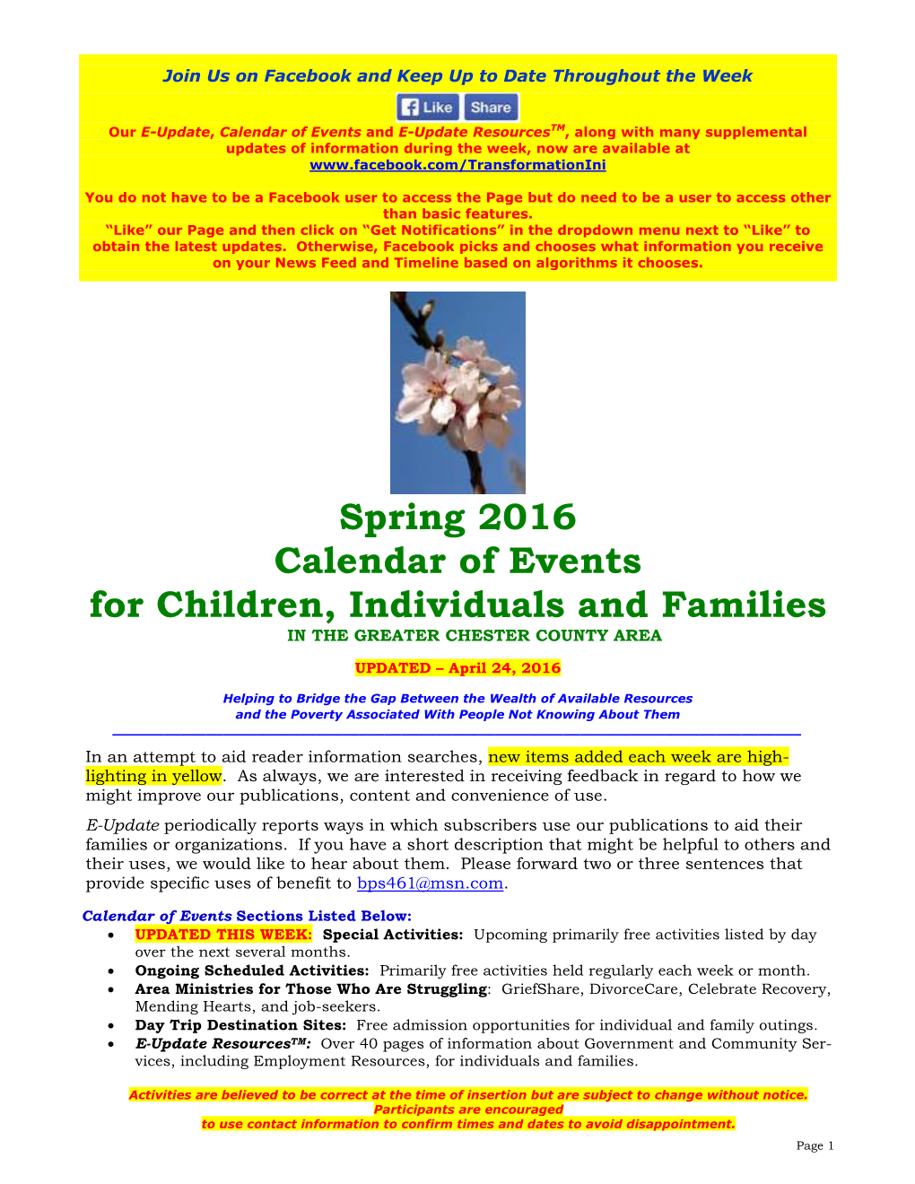 Spring 2016 Calendar of Events for Children, Individuals and Families in the GREATER CHESTER COUNTY AREA