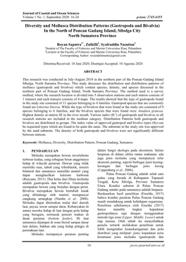 Diversity and Mollusca Distribution Patterns (Gastropoda and Bivalvia) in the North of Poncan Gadang Island, Sibolga City North Sumatera Province