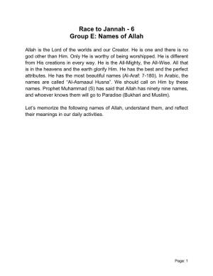 Race to Jannah - 6 Group E: Names of Allah