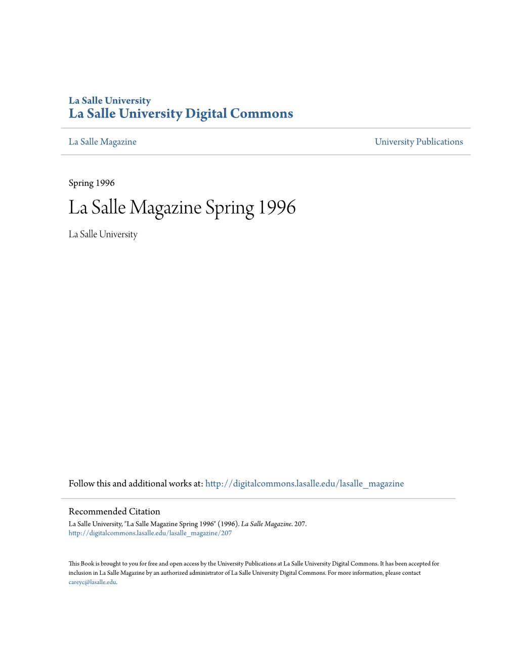 La Salle Magazine Spring 1996 La Salle University