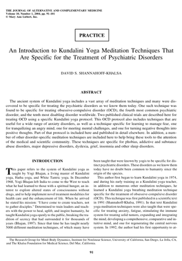 An Introduction to Kundalini Yoga Meditation Techniques That Are Specific for the Treatment of Psychiatric Disorders