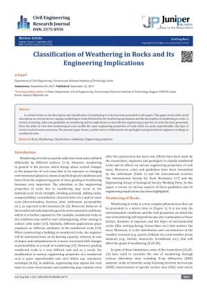 Classification of Weathering in Rocks and Its Engineering Implications