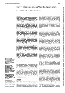 Survey of Injuries Among West End Performers Occup Environ Med: First Published As 10.1136/Oem.55.9.585 on 1 September 1998