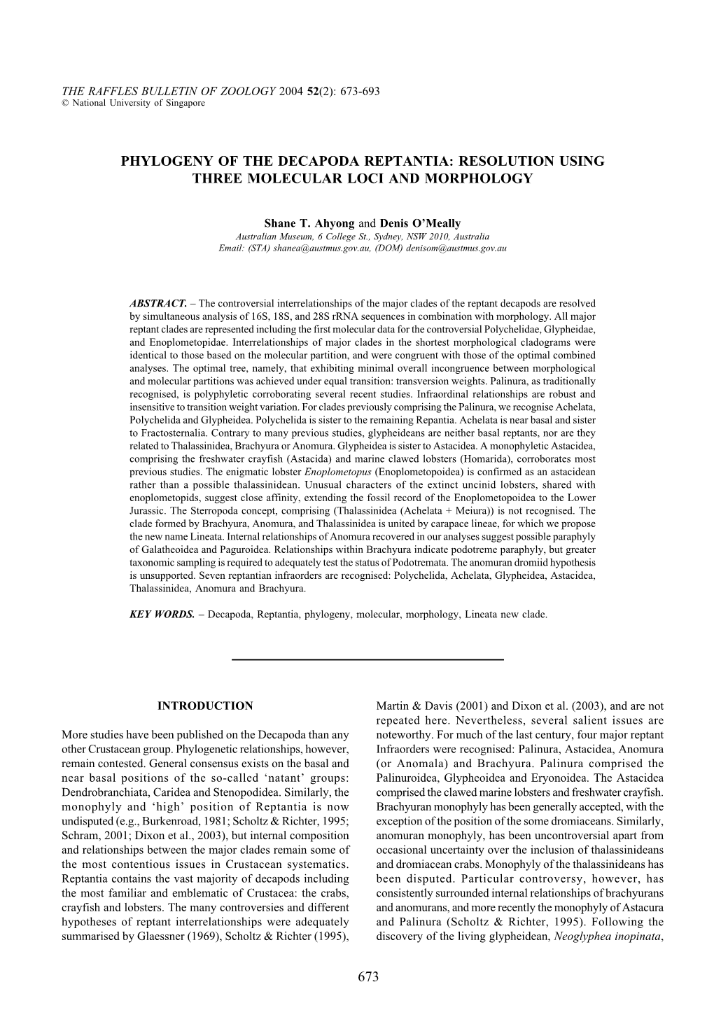 673 Phylogeny of the Decapoda Reptantia