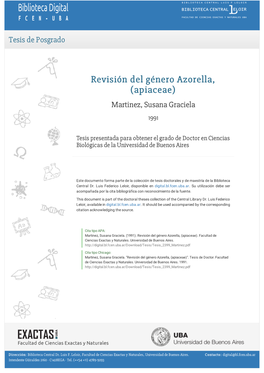 Revisión Del Género Azorella, (Apiaceae) Martinez, Susana Graciela 1991