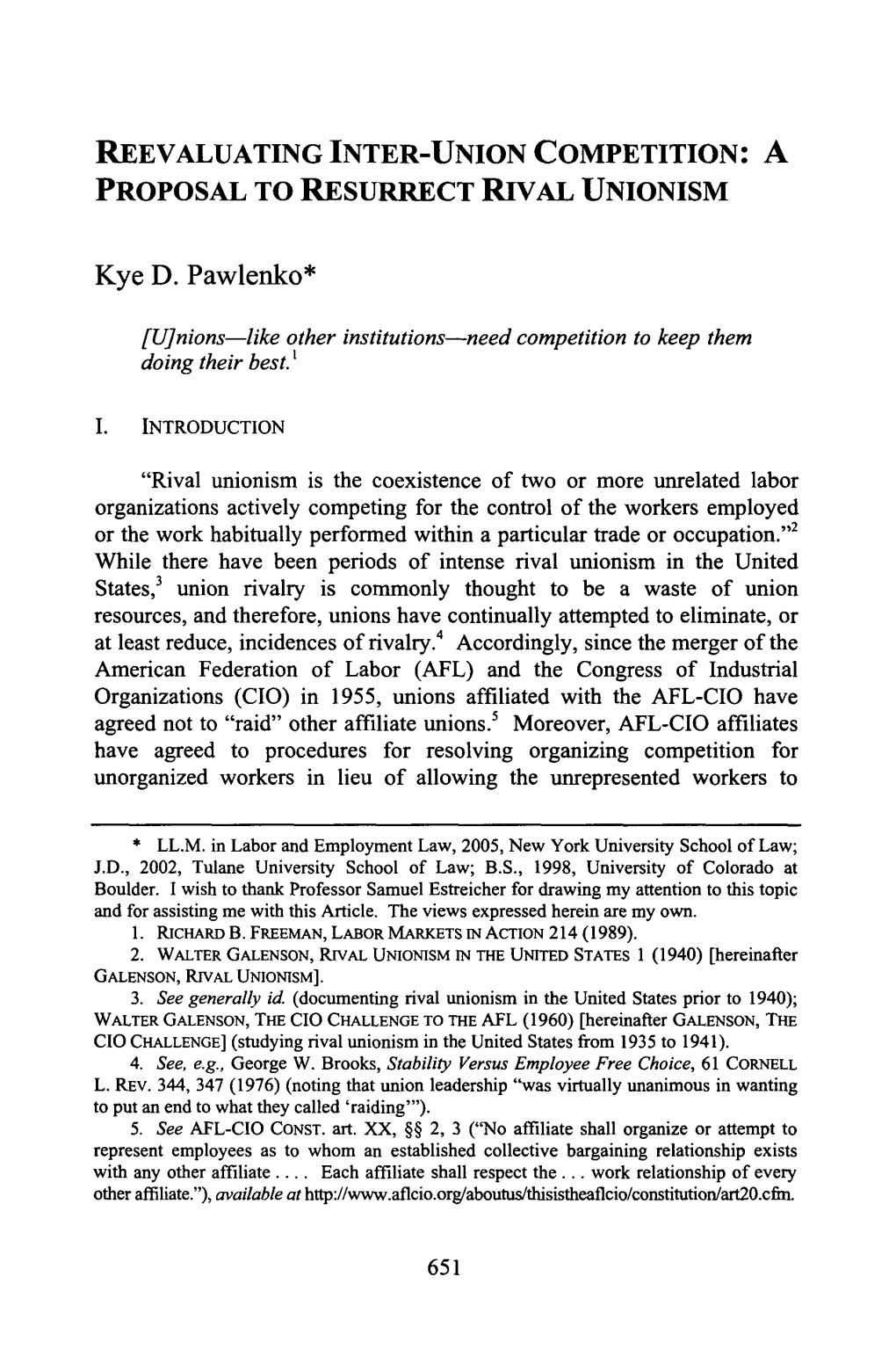 Reevaluating Inter-Union Competition: a Proposal to Resurrect Rival Unionism