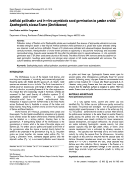 Artificial Pollination and in Vitro Asymbiotic Seed Germination in Garden Orchid Spathoglottis Plicata Blume (Orchidaceae)