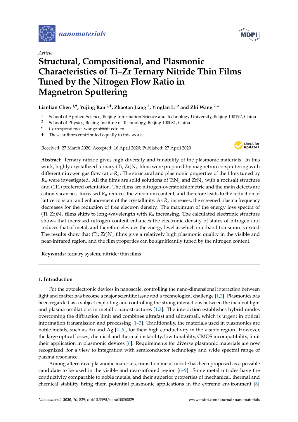 Structural, Compositional, and Plasmonic Characteristics of Ti–Zr Ternary Nitride Thin Films Tuned by the Nitrogen Flow Ratio in Magnetron Sputtering