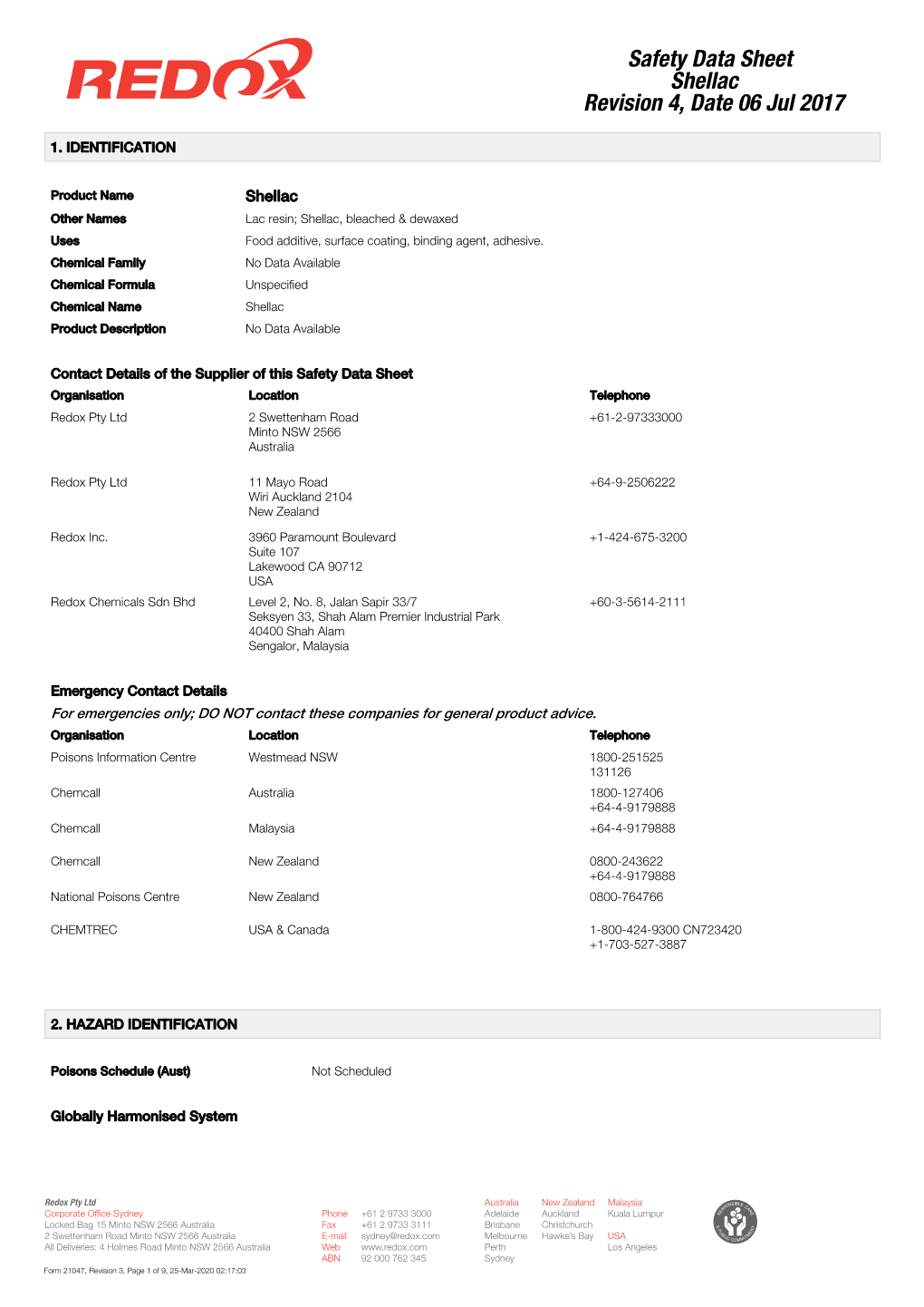 Redox Pty Ltd 2 Swettenham Road +61-2-97333000 Minto NSW 2566 Australia