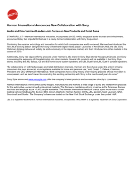 Harman International Announces New Collaboration with Sony
