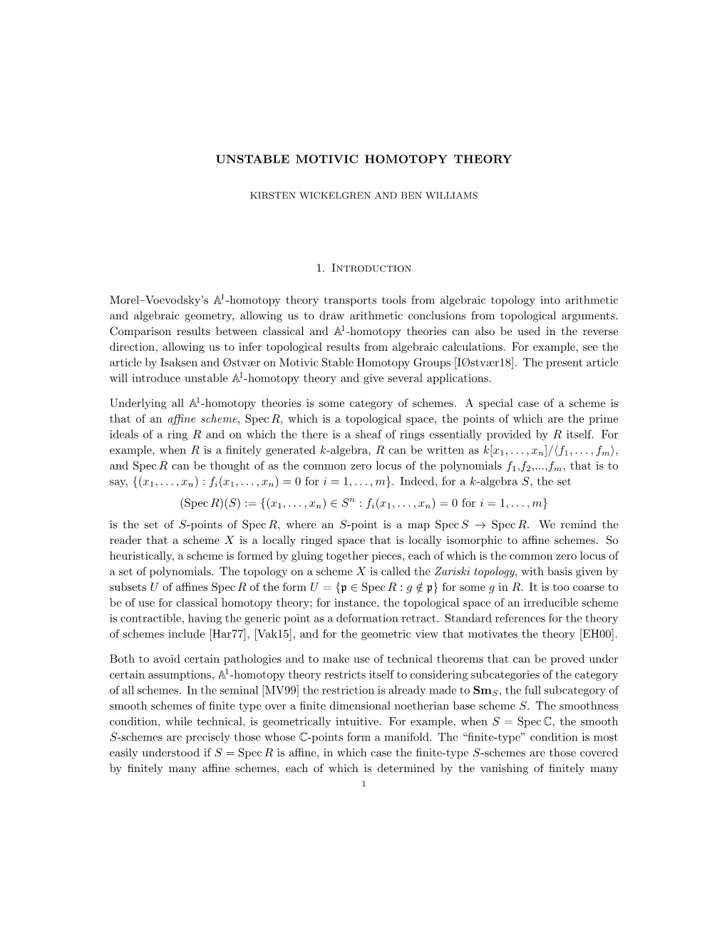 UNSTABLE MOTIVIC HOMOTOPY THEORY 1. Introduction Morel