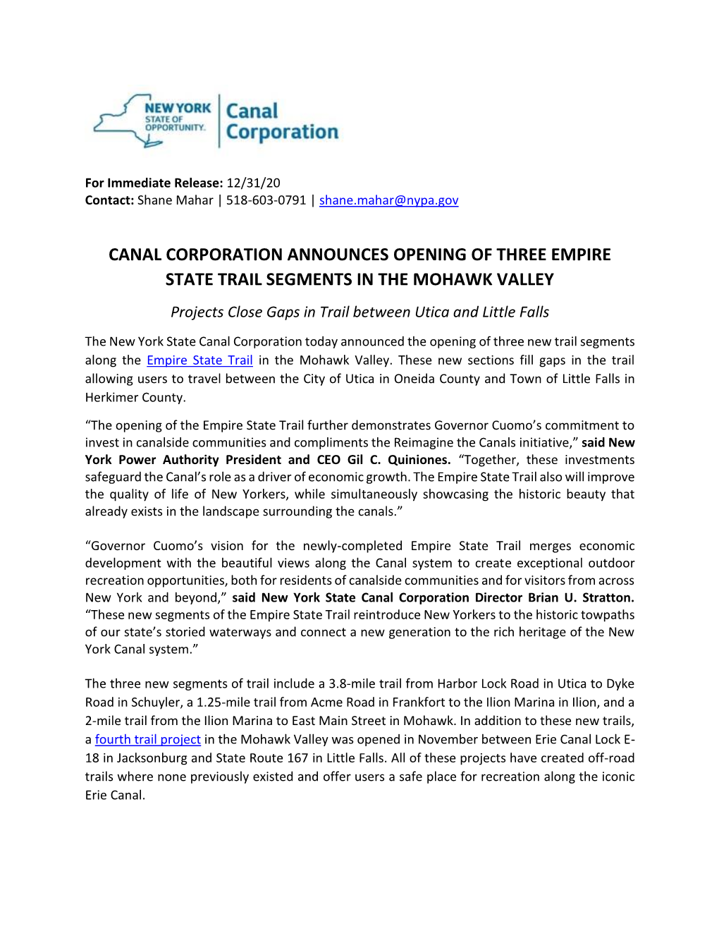 Canal Corporation Announces Opening of Three Empire State