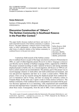 Discursive Construction of “Others”: the Serbian Community in Southeast Kosovo in the Post-War Context ∗