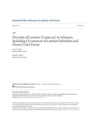 Diversity of Lamium (Lamiceae) in Arkansas, Including Occurrences of Lamium Hybridum and Flower Color Forms Jason A