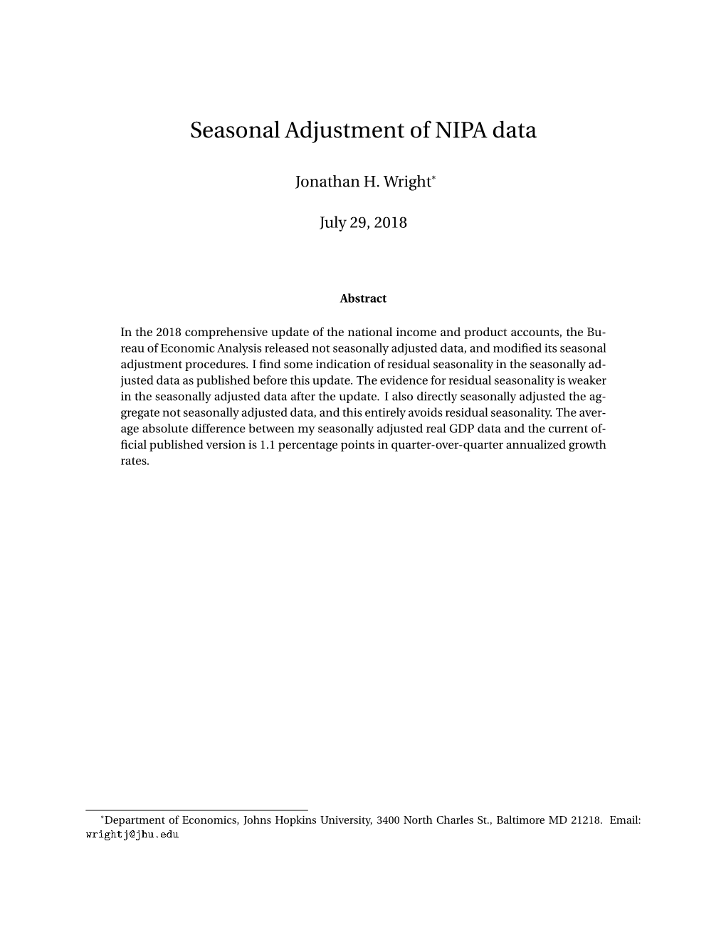 Seasonal Adjustment of NIPA Data