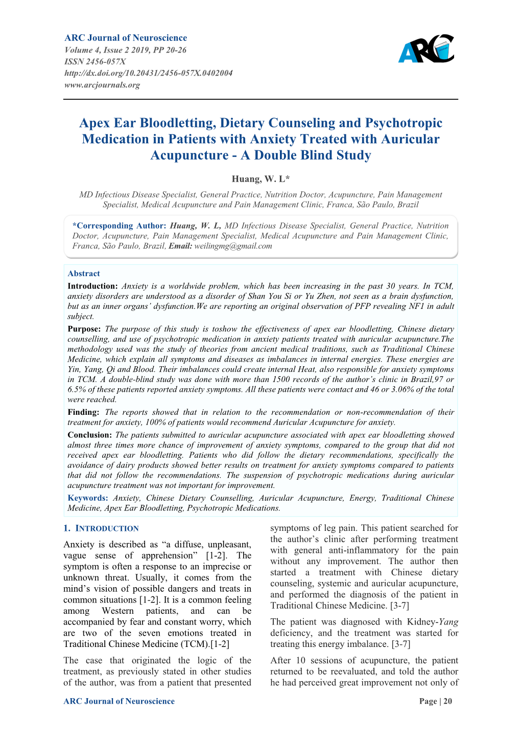 Apex Ear Bloodletting, Dietary Counseling and Psychotropic Medication in Patients with Anxiety Treated with Auricular Acupuncture - a Double Blind Study