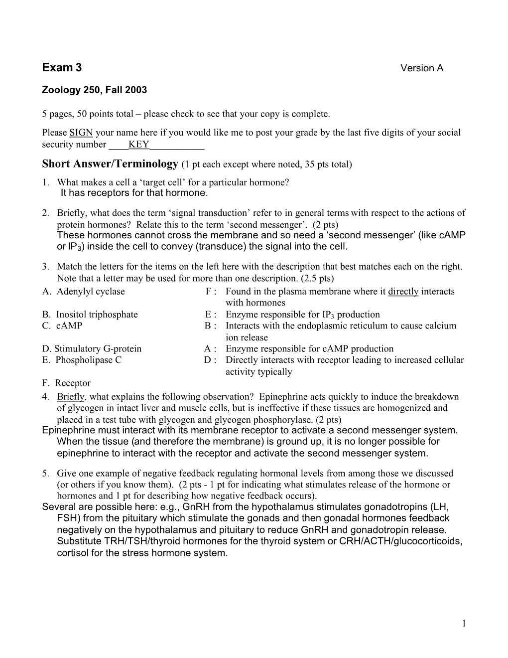 Exam 3A Key, Fall 2003