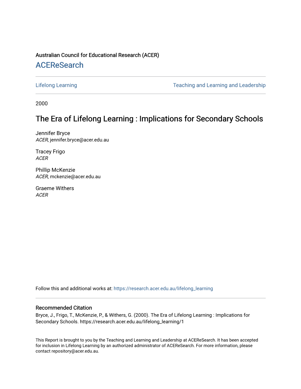 The Era of Lifelong Learning : Implications for Secondary Schools