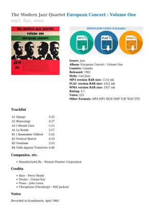 The Modern Jazz Quartet European Concert : Volume One Mp3, Flac, Wma