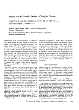 Studies on the Protein Defect in Tangier Disease