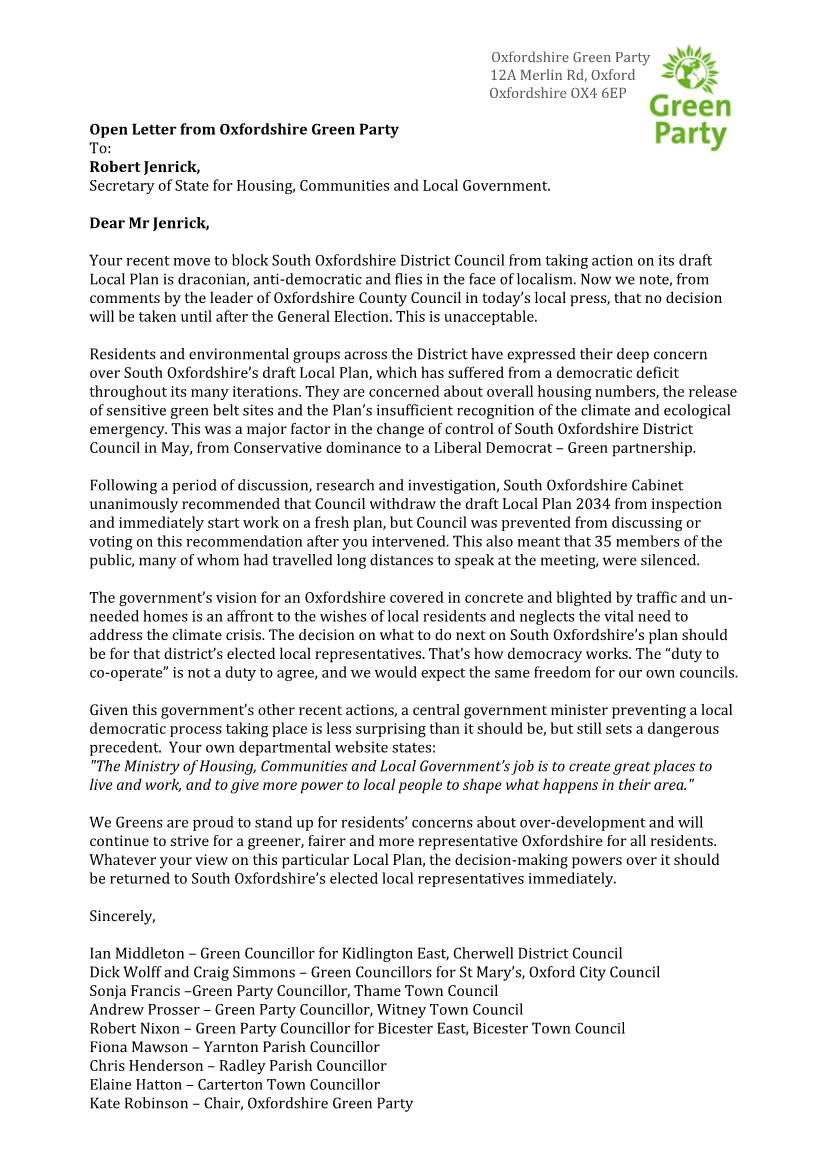 Open Letter from Oxfordshire Green Party To: Robert Jenrick, Secretary of State for Housing, Communities and Local Government