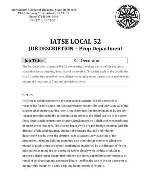 IATSE LOCAL 52 JOB DESCRIPTION – Prop Department