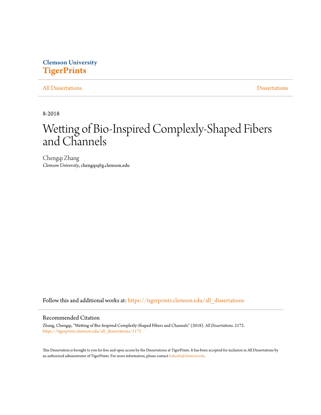 Wetting of Bio-Inspired Complexly-Shaped Fibers and Channels Chengqi Zhang Clemson University, Chengqz@G.Clemson.Edu