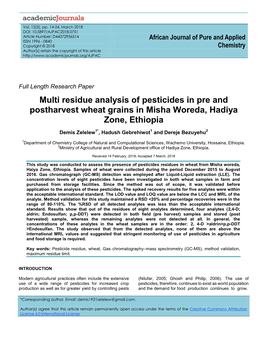 Multi Residue Analysis of Pesticides in Pre and Postharvest Wheat Grains in Misha Woreda, Hadiya Zone, Ethiopia