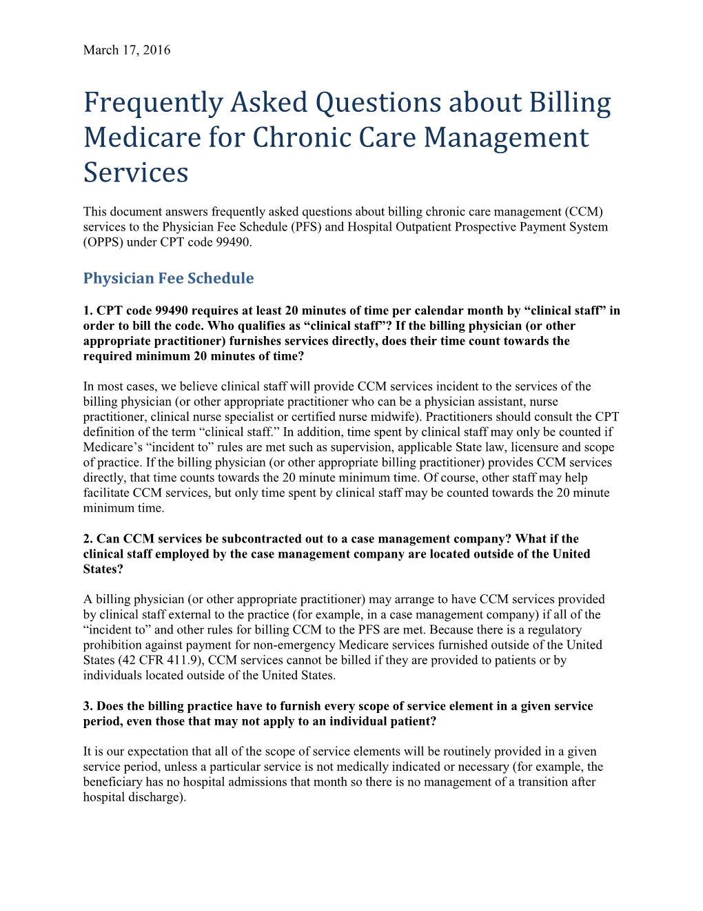 Frequently Asked Questions About Billing Medicare for Chronic Care Management Services