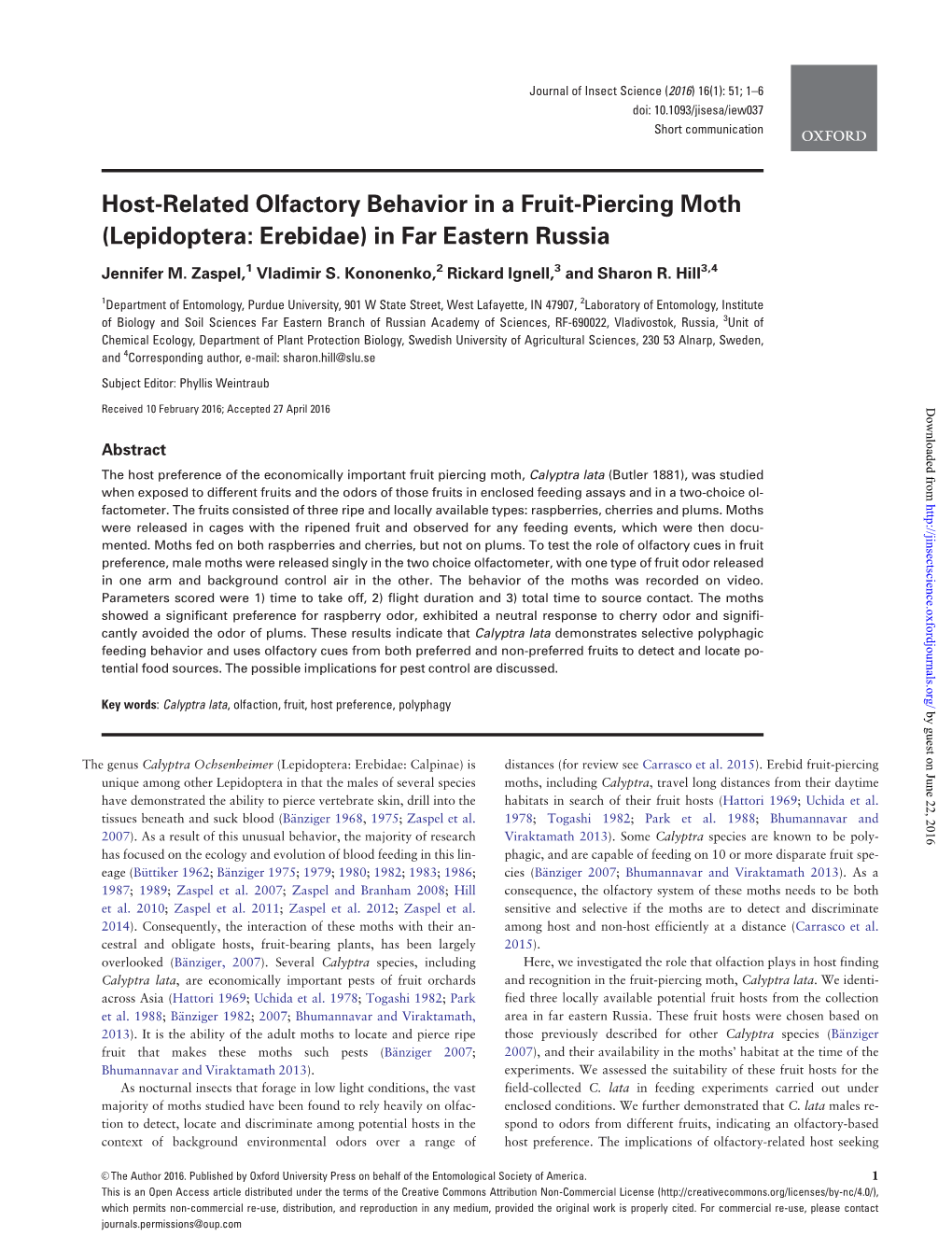 Host-Related Olfactory Behavior in a Fruit-Piercing Moth (Lepidoptera: Erebidae) in Far Eastern Russia