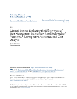 Evaluating the Effectiveness of Best Management Practices on Rural Backroads of Vermont: a Retrospective Assessment and Cost Analysis Joanne S
