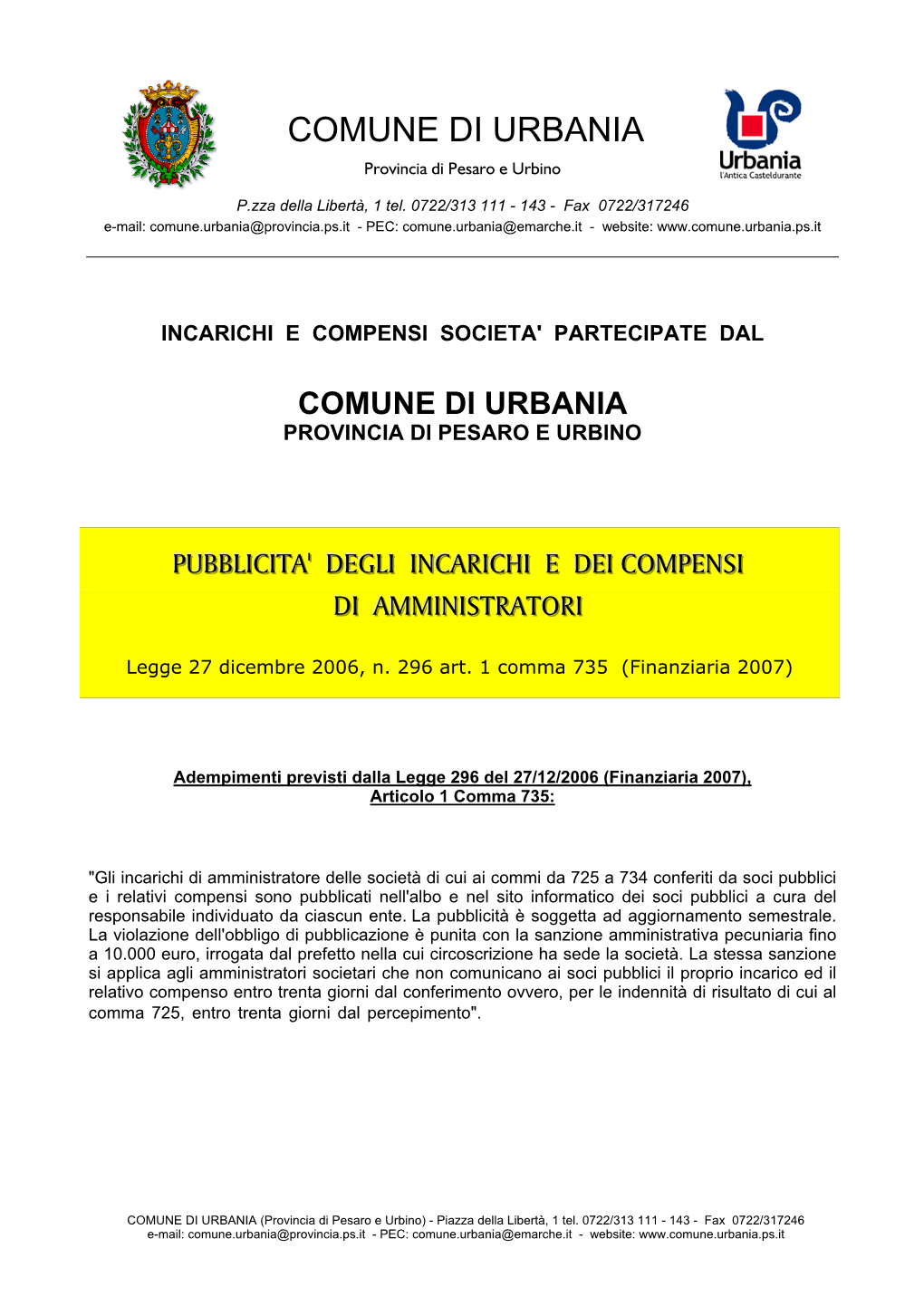 COMUNE DI URBANIA Provincia Di Pesaro E Urbino