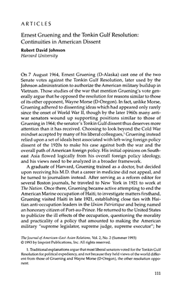 ARTICLES Ernest Gruening and the Tonkin Gulf Resolution