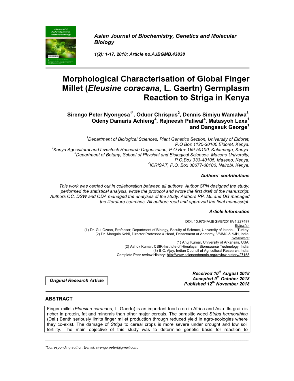 Morphological Characterisation of Global Finger Millet (Eleusine Coracana, L