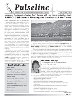 Inside This Pulseline PANAC's 38Th Annual Meeting and Seminar at Lake Tahoe