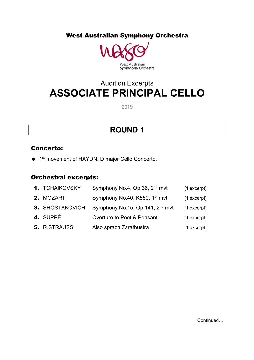 Audition Excerpts ASSOCIATE PRINCIPAL CELLO ______