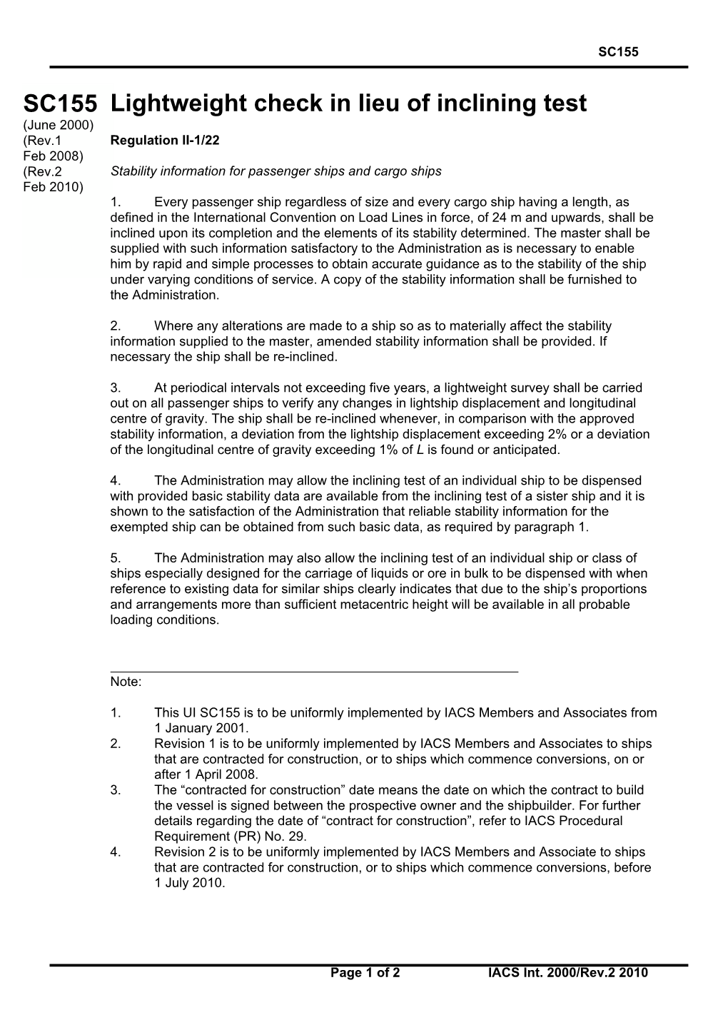 SC155 SC155 Lightweight Check in Lieu of Inclining Test