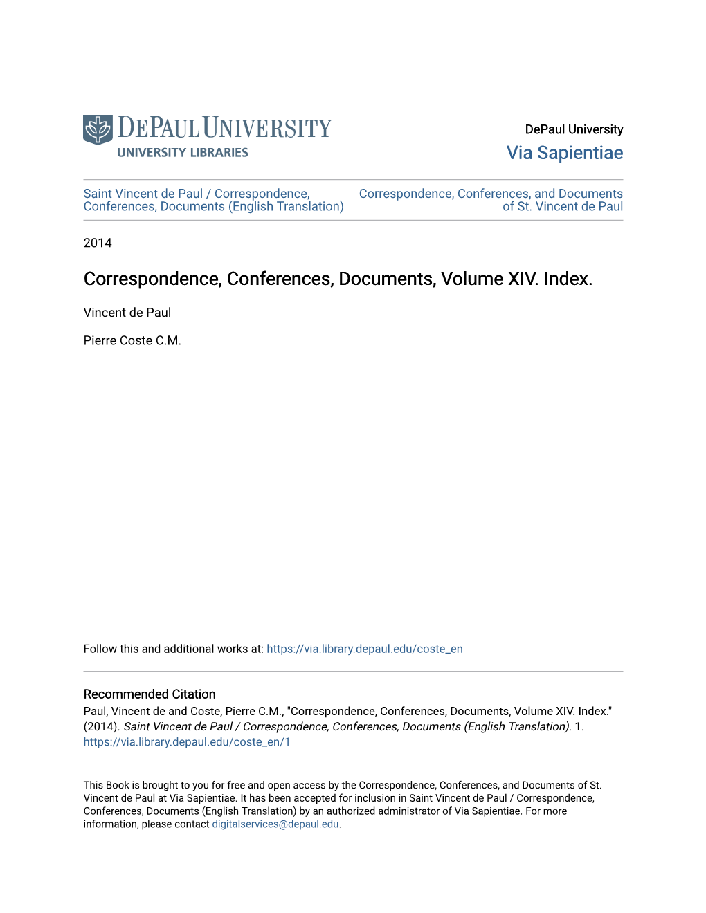 Correspondence, Conferences, Documents, Volume XIV. Index