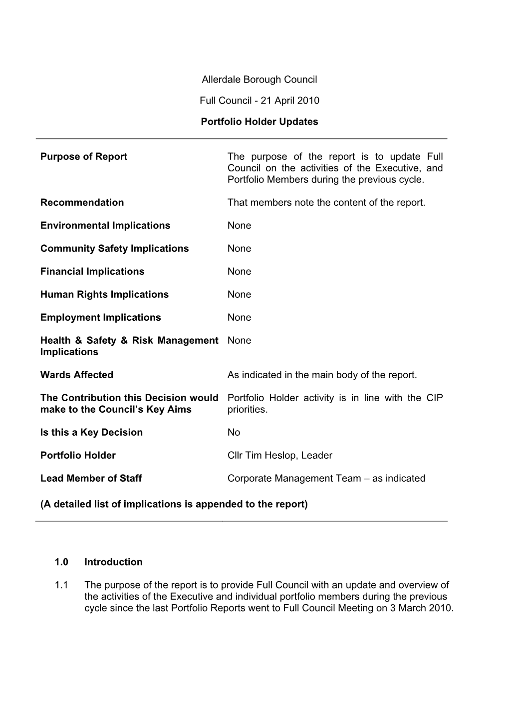 Portfolio Holder Reports PDF 43 KB