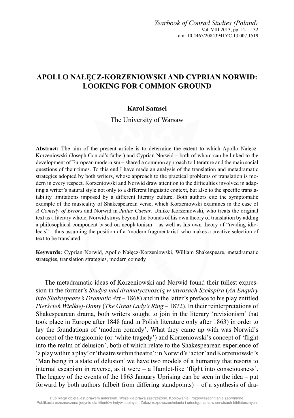 Apollo Nałęcz-Korzeniowski and Cyprian Norwid: Looking for Common Ground