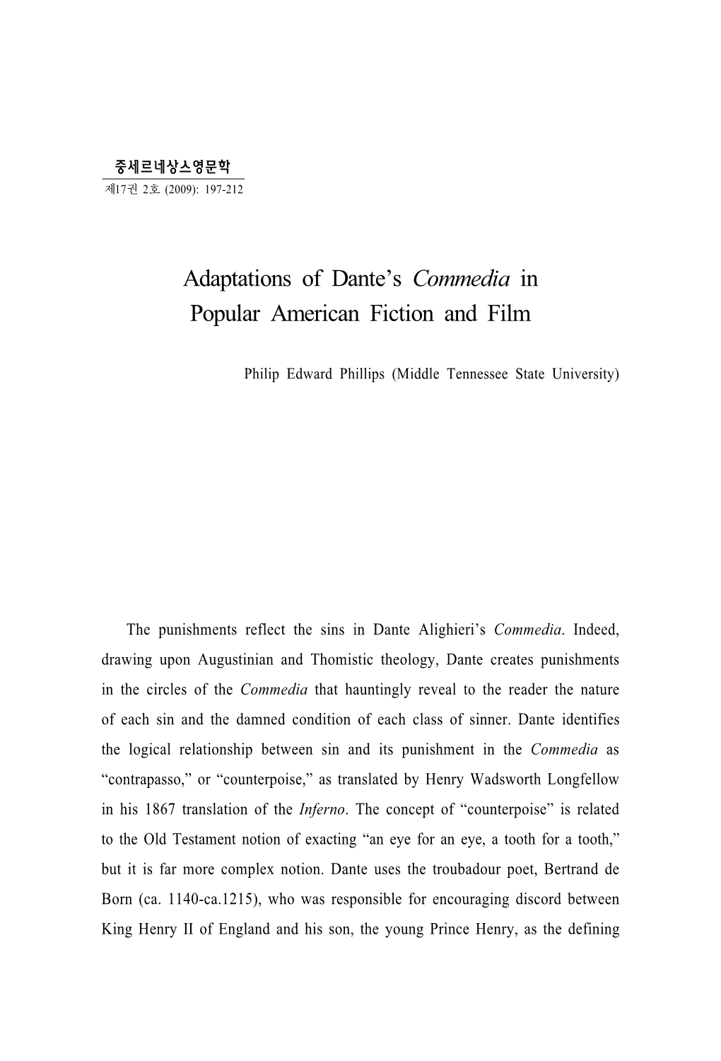 Adaptations of Dante's Commedia in Popular American Fiction and Film